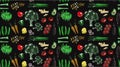Bright pattern of vegetables on a transparent, black or color background. Tomatoes, broccoli, avocado, onions, eggplant, carrots,